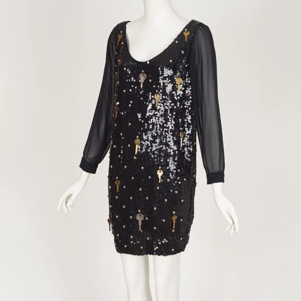 Jeanette Kastenberg 1980s Key Embellished Black Sequin Bomber Jacket & Dress Set - Picture 2 of 6